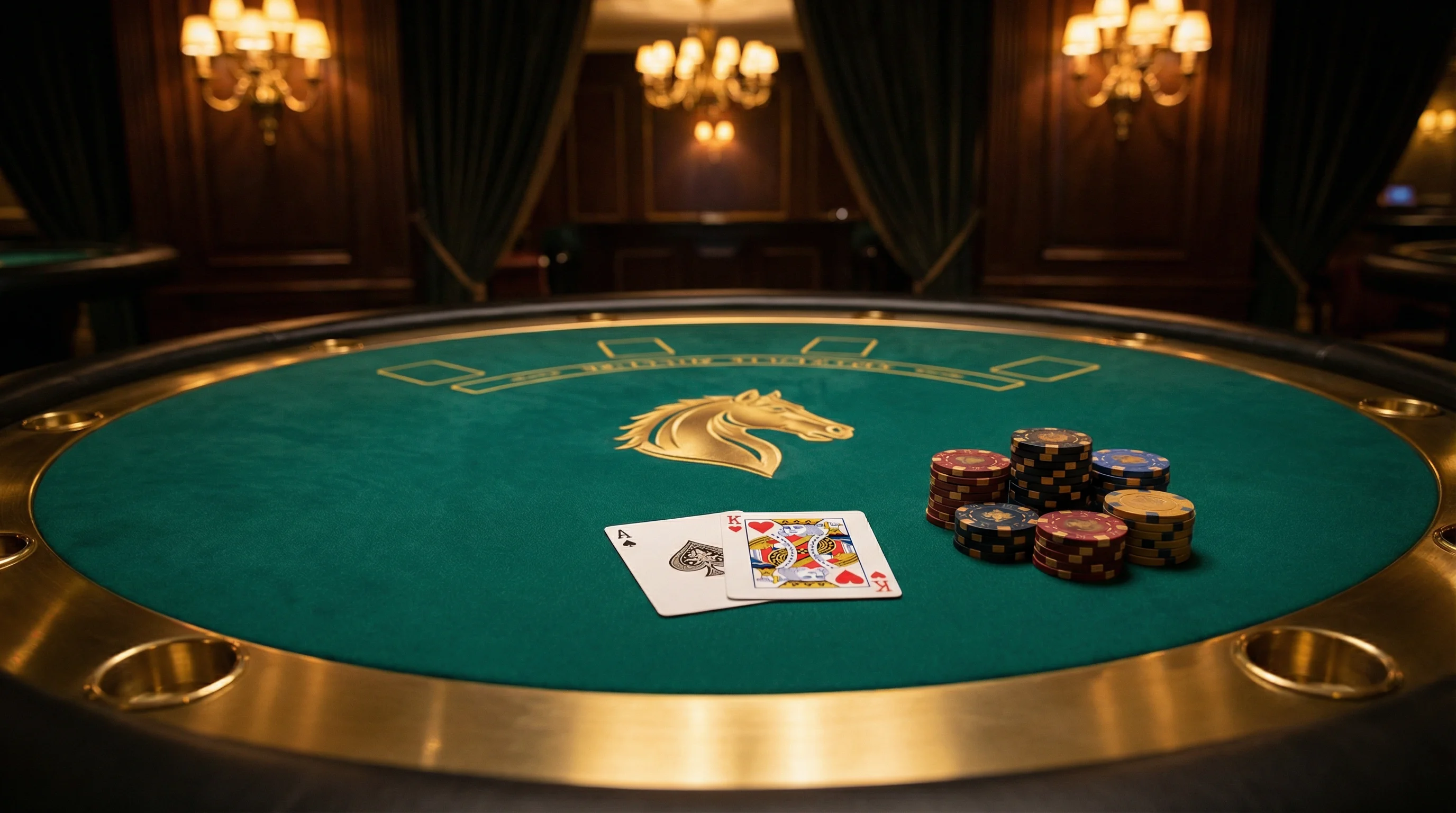 Mesa de blackjack elegante com cartas e fichas no ktobet